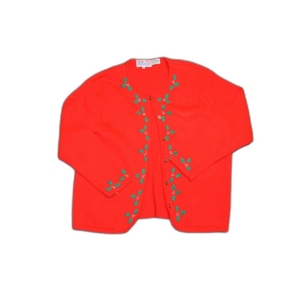 Vintage Tally-Ho Pollak Embroidered Christmas Holly Xmas Cardigan Sweater 3X
